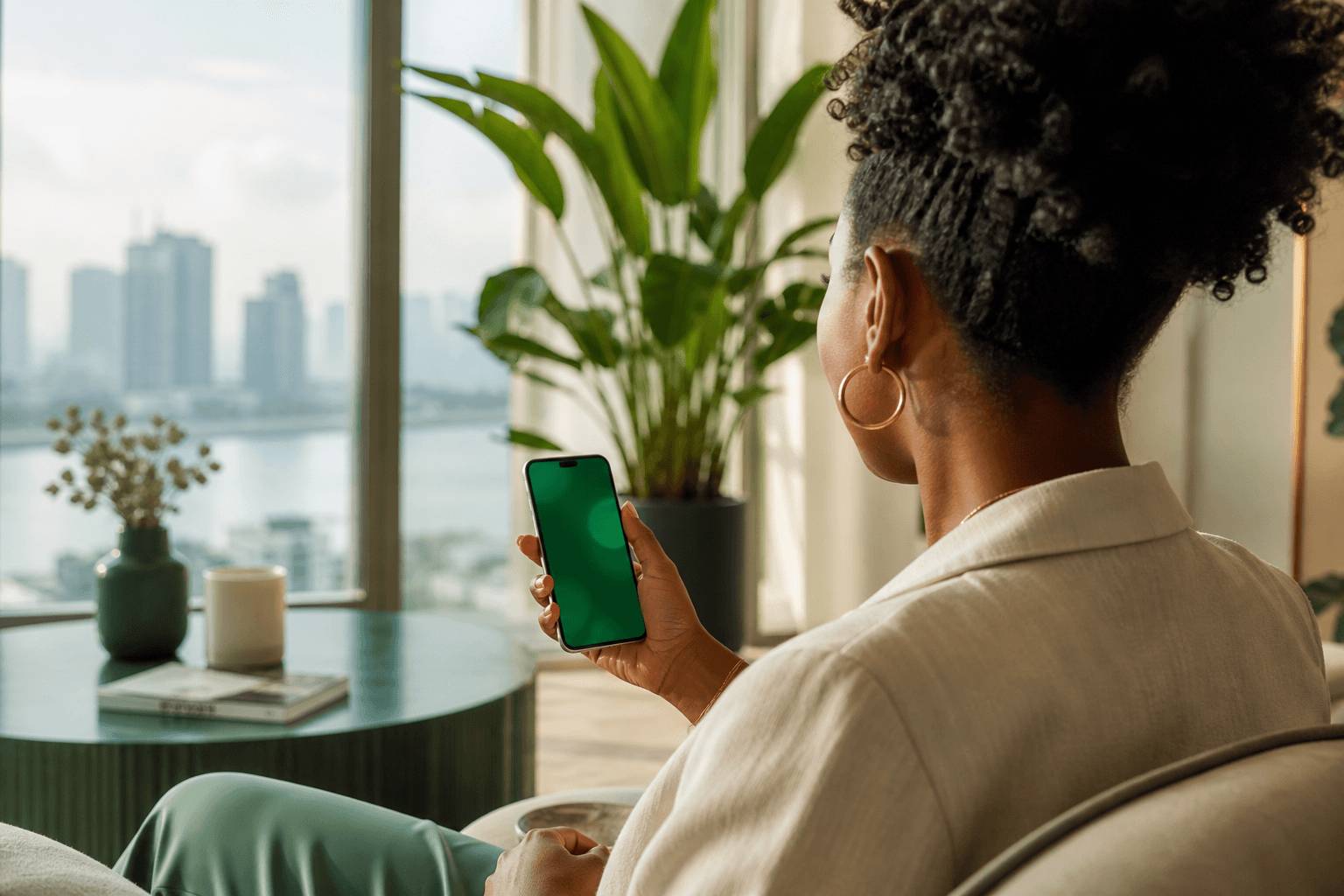 Customer reviewing a protected payment on her phone